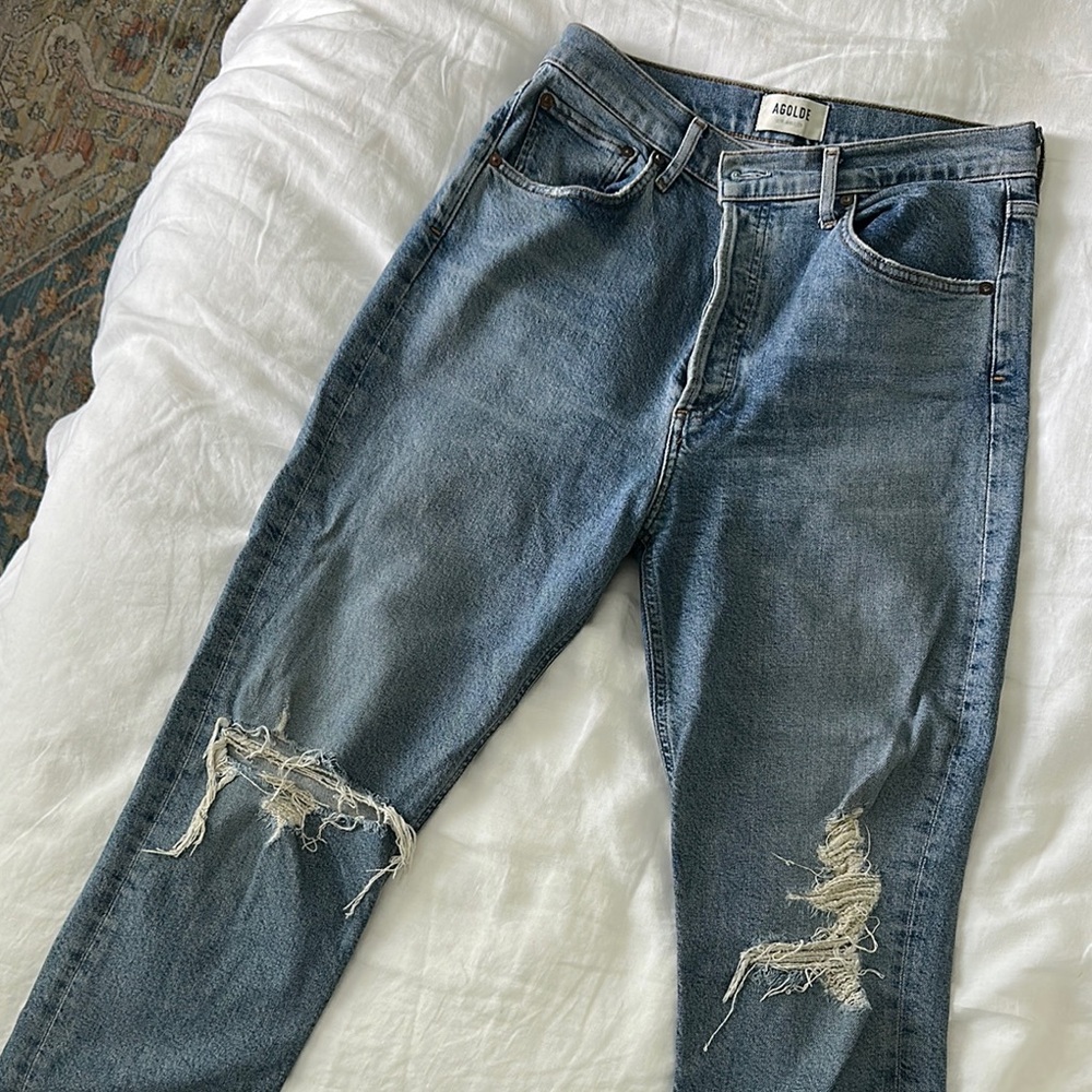 Agolde Blue Straight Leg Jeans with Distressed Details